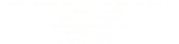 GRUPO WAYAK´ VIAJES Y COACHING S.A. de C.V. RFC GWV170302NU6 RNT 04230080156 info@grupowayak.org +52 (1) 984 135 08 60 +52 (1) 984 10834 06